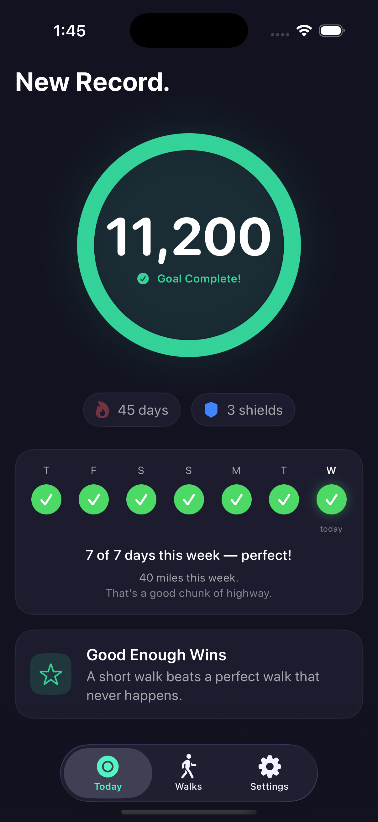 Just Walk app showing 11,200 steps and a 45-day streak